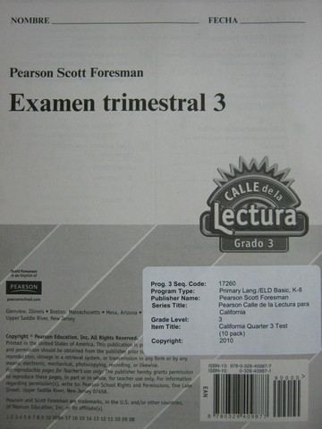 (image for) Calle de la Lectura 3 Examen Trimestral 3 (P) - Click Image to Close