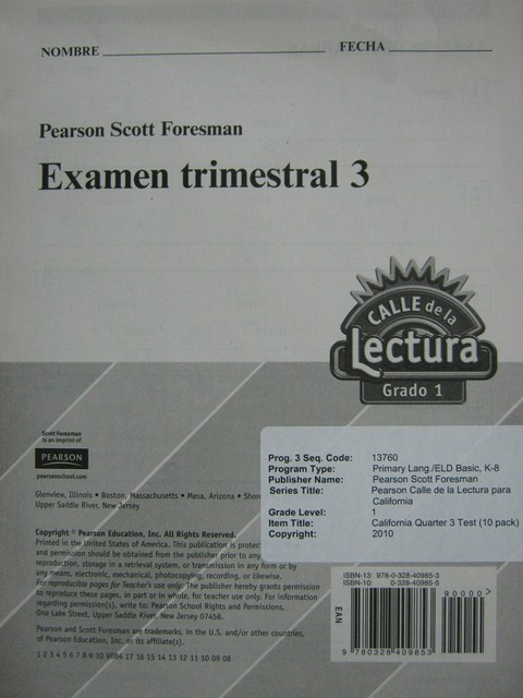 (image for) Calle de la Lectura 1 Examen Trimestral 3 (P) - Click Image to Close