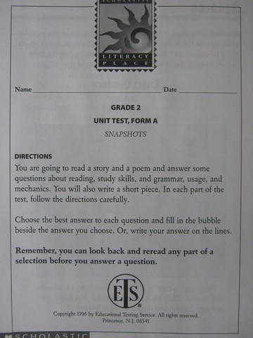 (image for) Literacy Place 2-1 Snapshots Unit Test Form A (P)