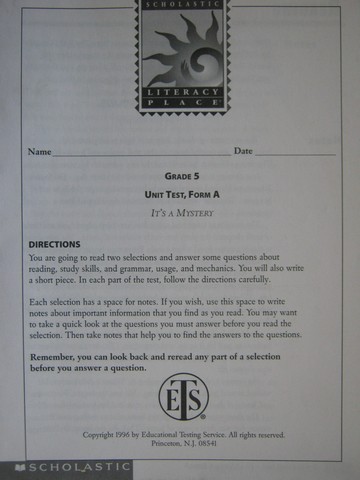 (image for) Literacy Place 5-2 It's A Mystery Unit Test Form A (P)