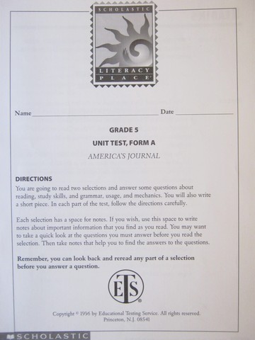 (image for) Literacy Place 5-5 America's Journal Unit Test Form A (P)
