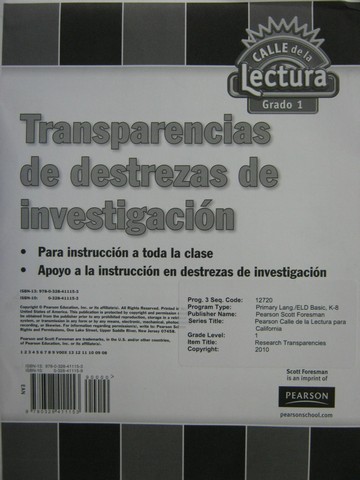 (image for) Calle de la Lectura 1 Transparencias de destrezas de invest (Pk) - Click Image to Close