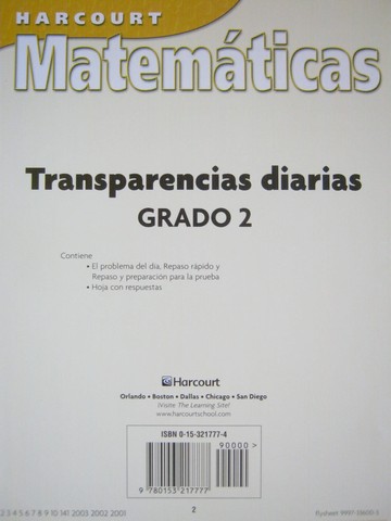 (image for) Harcourt Matematicas 2 Transparencias diarias (Pk)