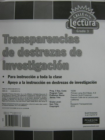 (image for) Calle de la Lectura 3 Transparencias de destrezas de invest (Pk) - Click Image to Close