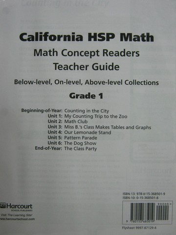 (image for) California HSP Math 1 Math Concept Readers TG (CA)(TE)(Pk)