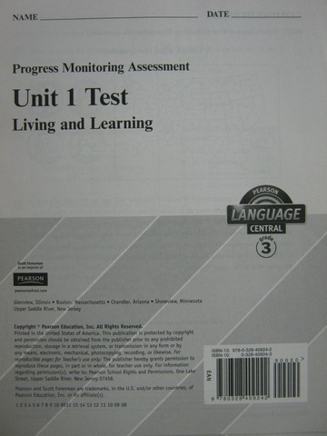 (image for) Pearson Language Central 3 Unit 1 Test (P) - Click Image to Close