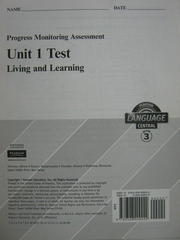 (image for) Pearson Language Central 3 Unit 1 Test (P)