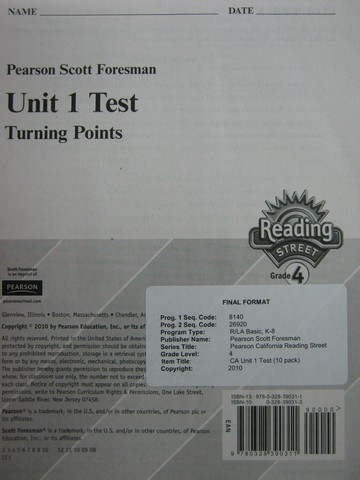 (image for) Reading Street 4 Unit 1 Test (P)