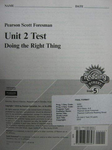 (image for) Reading Street 5.2 Test Doing the Right Thing (P)
