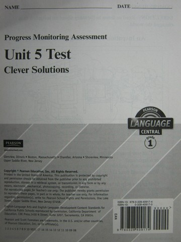 (image for) Pearson Language Central 1 Unit 5 Test (P)