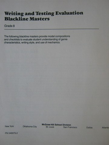 (image for) McGraw-Hill English 8 Writing & Testing Evaluation BLM (P)