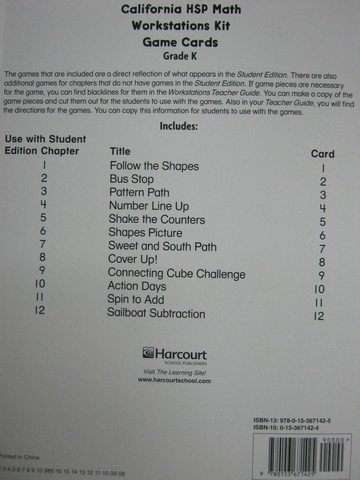 (image for) California HSP Math K Workstations Kit Game Cards (CA)(Pk)