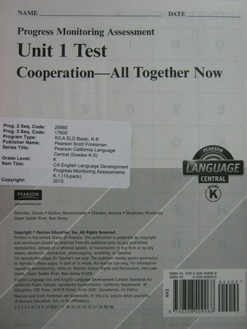 (image for) Pearson Language Central K Unit 1 Test (P)