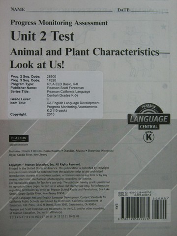 (image for) Pearson Language Central K Unit 2 Test (P)