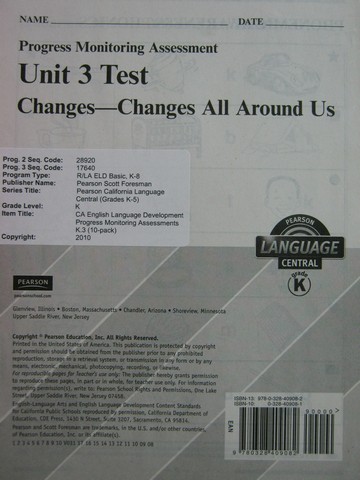 (image for) Pearson Language Central K Unit 3 Test (P)