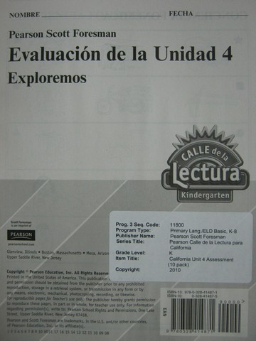 (image for) Calle de la Lectura K Evaluacion de la Unidad 4 (P)