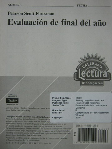 (image for) Calle de la Lectura K Evaluacion de final del ano (P)