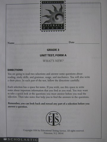 (image for) Literacy Place 3-1 What's New? Unit Test Form A (P)