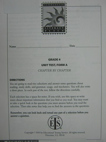 (image for) Literacy Place 4-1 Chapter by Chapter Unit Test Form A (P)