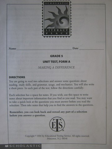 (image for) Literacy Place 5-1 Making a Difference Unit Test Form A (P)
