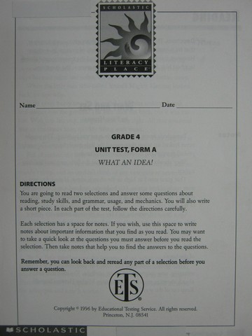 (image for) Literacy Place 4-2 What an Idea! Unit Test Form A (P)