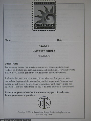 (image for) Literacy Place 5-3 Voyagers Unit Test Form A (P)