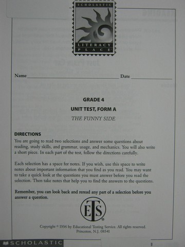(image for) Literacy Place 4-4 The Funny Side Unit Test Form A (P)