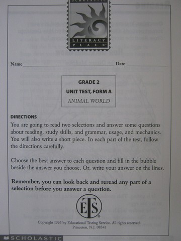 (image for) Literacy Place 2-5 Animal World Unit Test Form A (P)