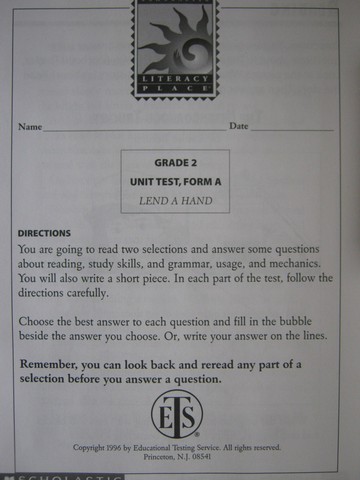 (image for) Literacy Place 2-6 Lend a Hand Unit Test Form A (P)