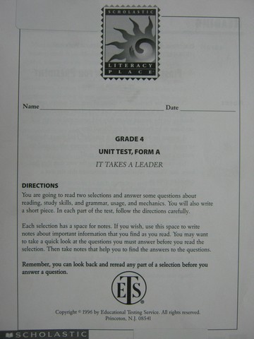 (image for) Literacy Place 4-6 It Takes a Leader Unit Test Form A (P)