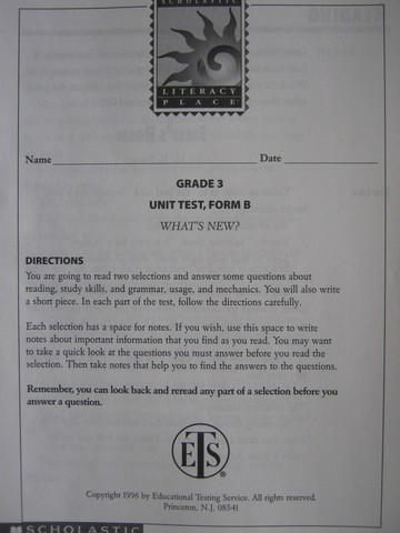 (image for) Literacy Place 3-1 What's New? Unit Test Form B (P)