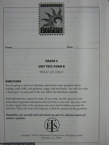 (image for) Literacy Place 4-2 What an Idea! Unit Test Form B (P)