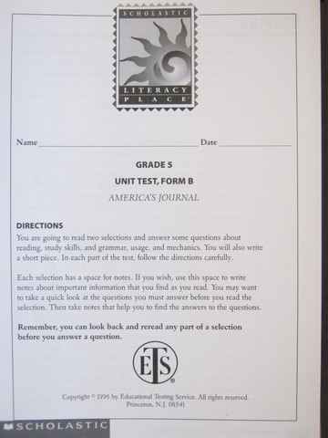 (image for) Literacy Place 5-5 America's Journal Unit Test Form B (P)