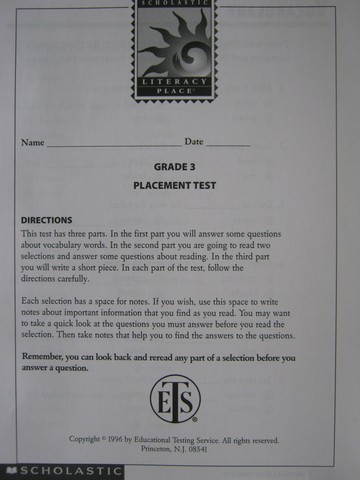 (image for) Literacy Place 3 Placement Test (P)