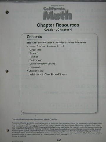(image for) California Math 1 Chapter Resources Chapter 4 (CA)(P)