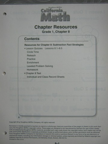 (image for) California Math 1 Chapter Resources Chapter 8 (CA)(P)