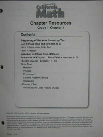 (image for) California Math 1 Chapter Resources (CA)(Pk)