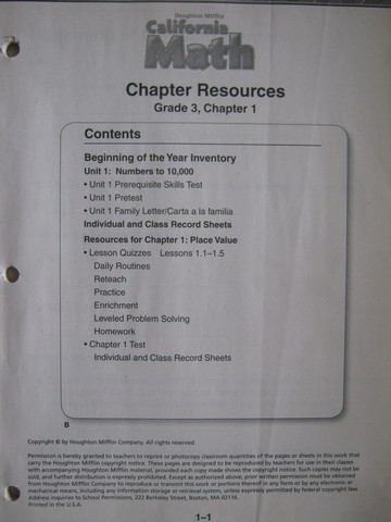 (image for) California Math 3 Chapter Resources Chapter 1 (CA)(P)