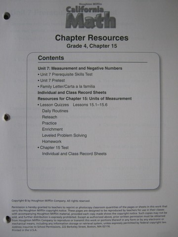 (image for) California Math 4 Chapter Resources Chapter 15 (CA)(P)