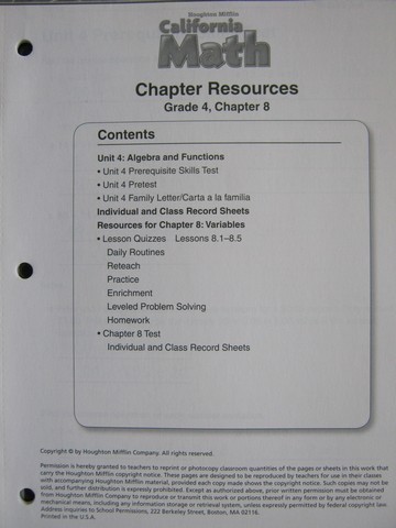 (image for) California Math 4 Chapter Resources Chapter 8 (CA)(P)