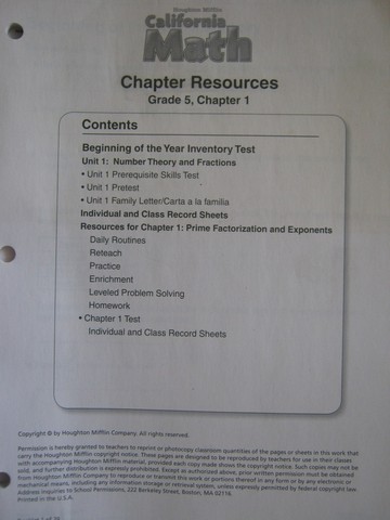 (image for) California Math 5 Chapter Resources Chapter 1 (CA)(P)