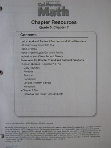 (image for) California Math 5 Chapter Resources Chapter 7 (CA)(P)