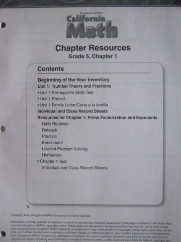 (image for) California Math 5 Chapter Resources (CA)(Pk)