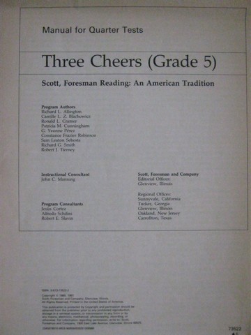 (image for) Reading 10 Three Cheers Quarter Tests Manual (P) by Allington,