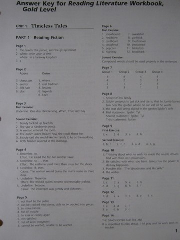 (image for) Reading Literature 6 Gold Level Workbook Answer Key (P)