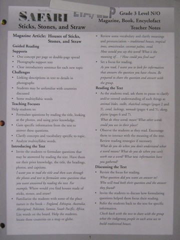 (image for) Reading Safari Sticks Stones & Straw Teacher Notes (TE)(P)