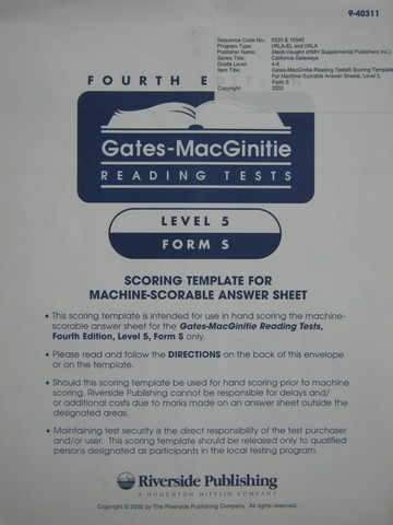 (image for) Gates-MacGinitie Reading Tests 4e Level 5 Form S Answer (Pk)
