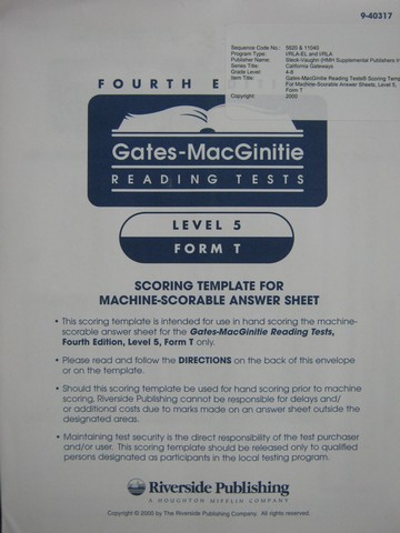 (image for) Gates-MacGinitie Reading Tests 4e Level 5 Form T Answer (Pk)